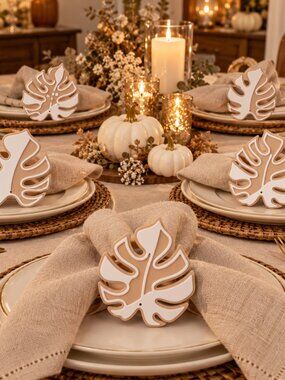 Harvest Elegance Monstera Napkin Rings Set of 6 | Beige & White Decor